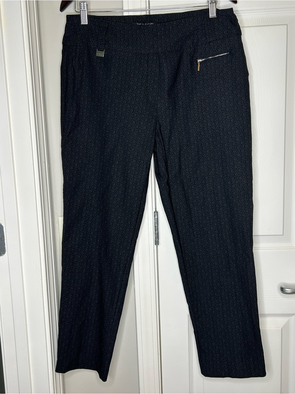 Zac & Rachel Women’s Black Paisley Stretch Pants Size 12 Zip Pocket